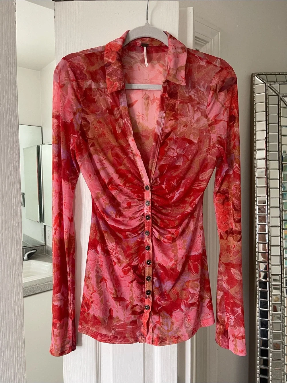 Free People Red Floral Long-Sleeve Women’s Top